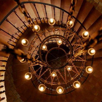 Chandelier above the spiral staircase of Vezha Vedmezha