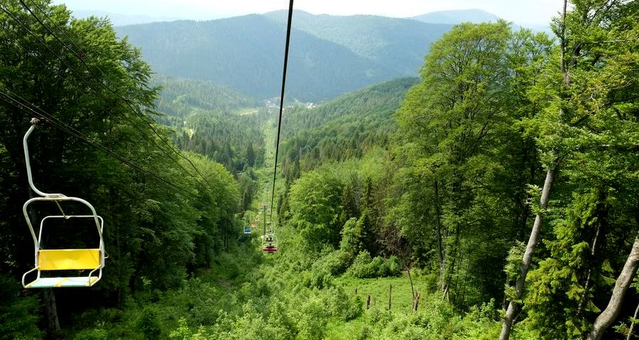 In ski lift over the Carpathian Mountains in summer